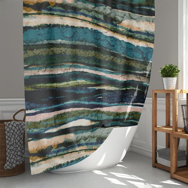Graphic Blue Green Cream Abstract Shower Curtain (rock hound inspired abstract blue green agate pattern)