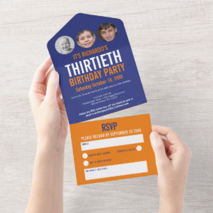 Graphic blue orange photo circles 30th Birthday All In One Invitation