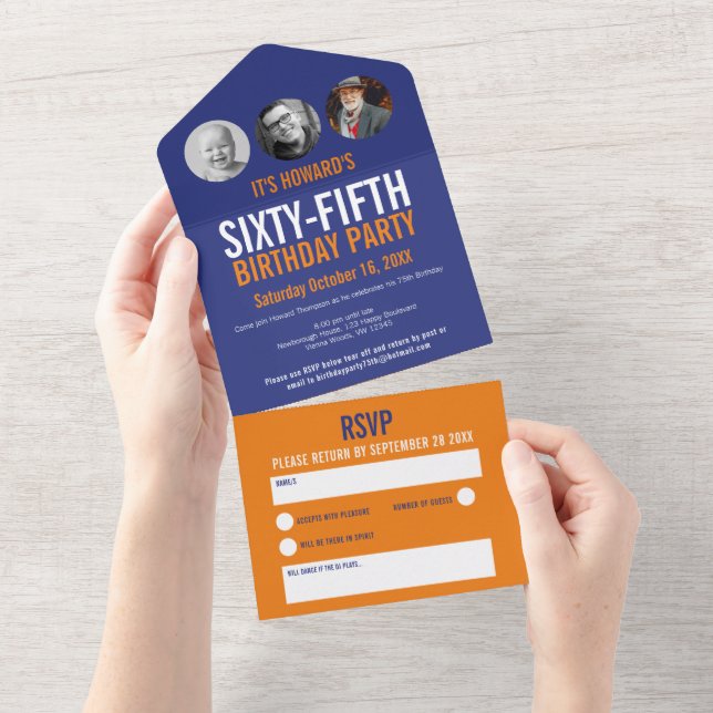 Graphic blue orange photo circles 65th Birthday All In One Invitation (Tearaway)