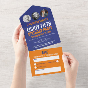 Graphic blue orange photo circles 85th Birthday All In One Invitation