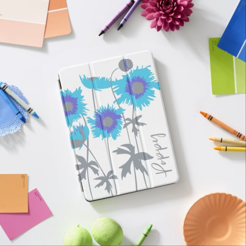 Graphic blue poppies floral flowers white custom iPad air cover