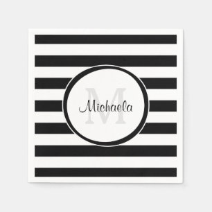 Graphic Broad Black and White Stripes and Monogram Paper Napkins
