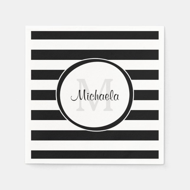 Graphic Broad Black and White Stripes and Monogram Paper Napkins (Front)
