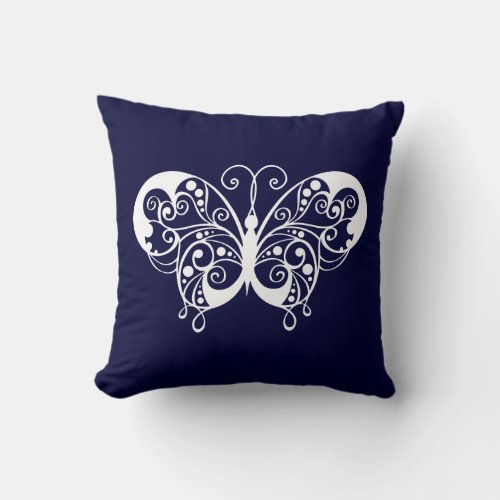 Graphic Butterfly On Navy Blue Throw Pillow