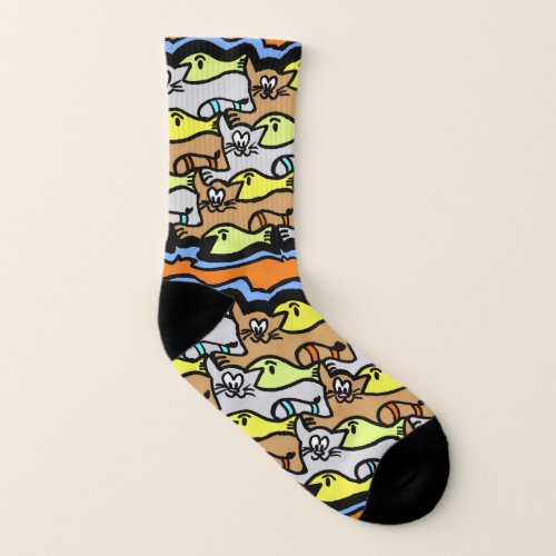 Graphic Cats and Fish Cartoon A_O Printed Socks
