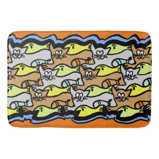 Graphic Cats and Fish Cartoon Bath Mat