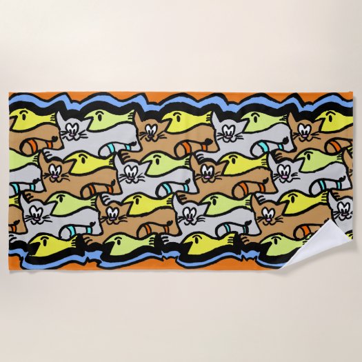 Graphic Cats and Fish Cartoon Beach Towel