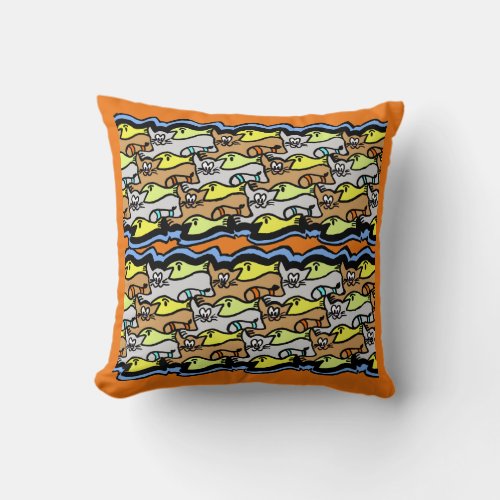 Graphic Cats and Fish Cartoon Cust BG Throw Pillow