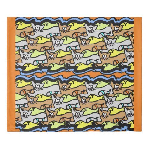 Graphic Cats and Fish Cartoon Duvet Cover