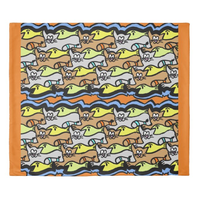 Graphic Cats and Fish Cartoon Duvet Cover (Front)