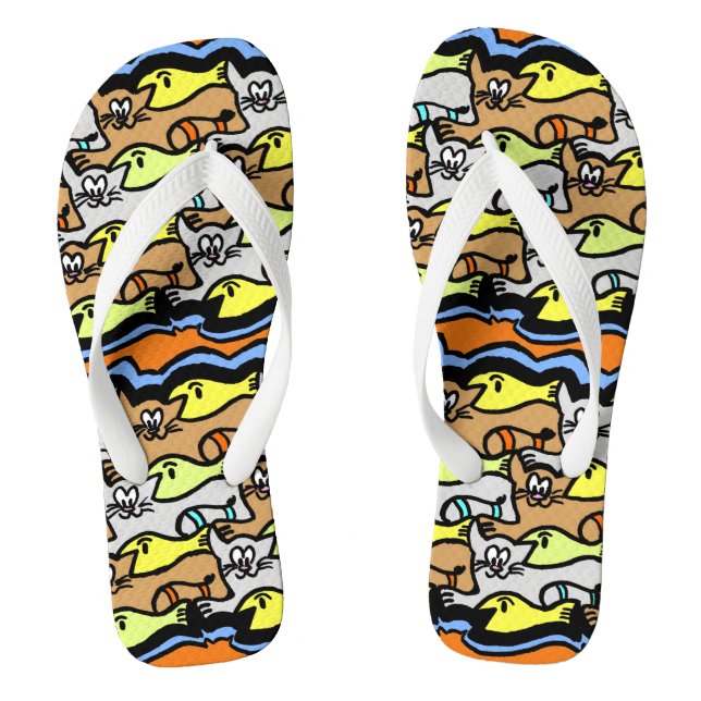 Graphic Cats and Fish Cartoon Flip Flops (Footbed)