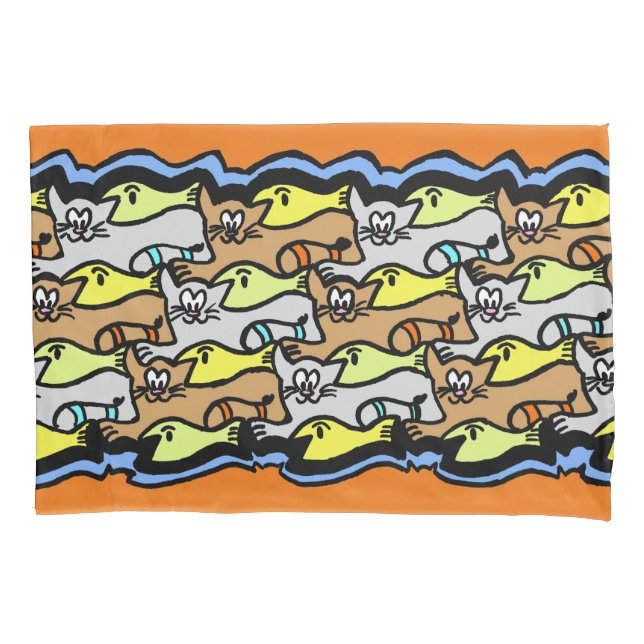 Graphic Cats and Fish Cartoon Pillow Case (Front)