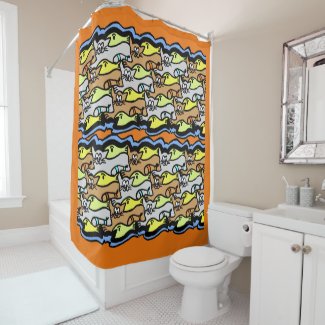 Graphic Cats and Fish Cartoon Shower Curtain