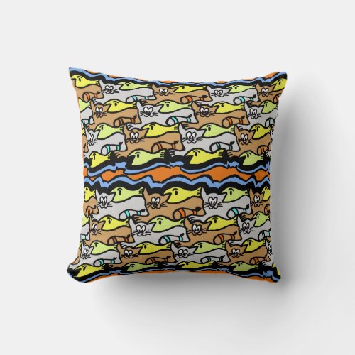 Graphic Cats and Fish Cartoon Throw Pillow