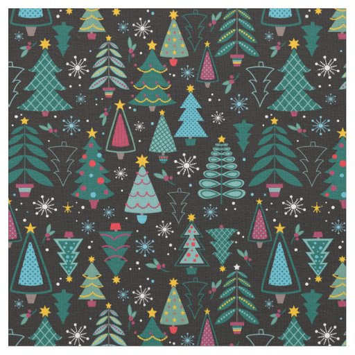 Graphic Christmas tree Print Black Background Fabric