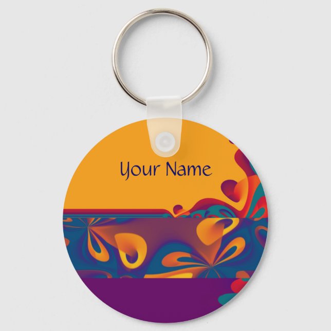Graphic Design Pattern - violet orange + your text Keychain (Front)