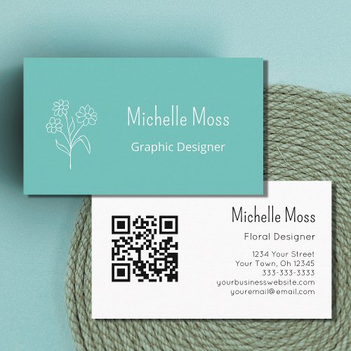 Graphic Designer QR code Trendy Daisy Teal Business Card