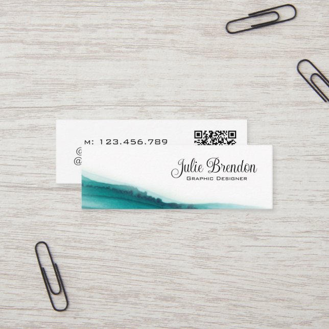 Graphic Designer Teal Script Elegant QR Code Mini Business Card (Front/Back In Situ)