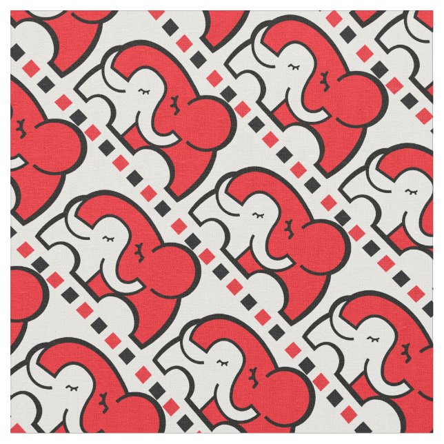 Graphic elephant hug mono red pattern fabric (Close Up)
