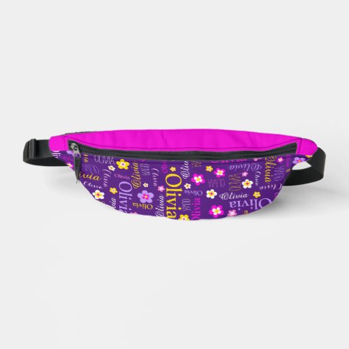 Graphic flowers and text olivia purple pink yellow fanny pack
