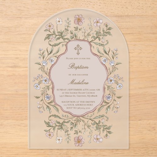 graphic flowers frame Baptism Acrylic Invitations
