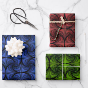 Graphic Geometric 3D Scallop Fan Blue Green Red Wrapping Paper Sheets