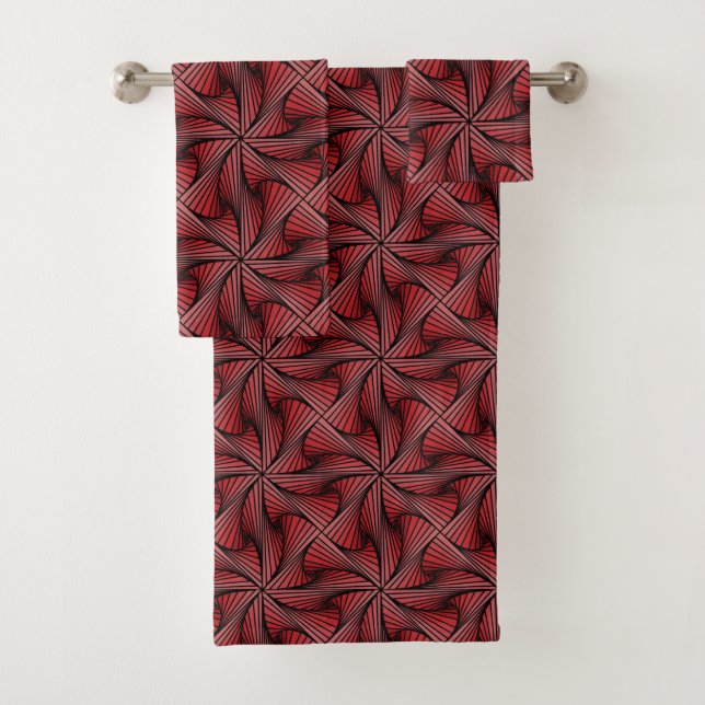 Graphic Geometric 3D Spiral Twist Red Bath Towel Set (Insitu)
