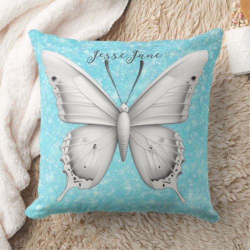 Graphic Grey and Aqua Watercolor Butterfly Throw Pillow