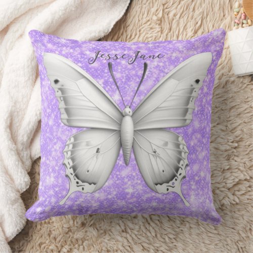 Graphic Grey and Purple Watercolor Butterfly Throw Pillow