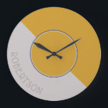 Graphic Hot Mustard and Taupe Personalized Large Clock<br><div class="desc">A chic fashion statement for any room in your home! Hot mustard and taupe diagonal graphic wall clock with bold center graphic and your name personalized in curved text.</div>