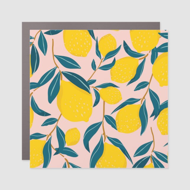 Graphic illustrated lemons: pink seamless pattern car magnet (Front)