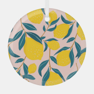 Graphic illustrated lemons: pink seamless pattern glass ornament