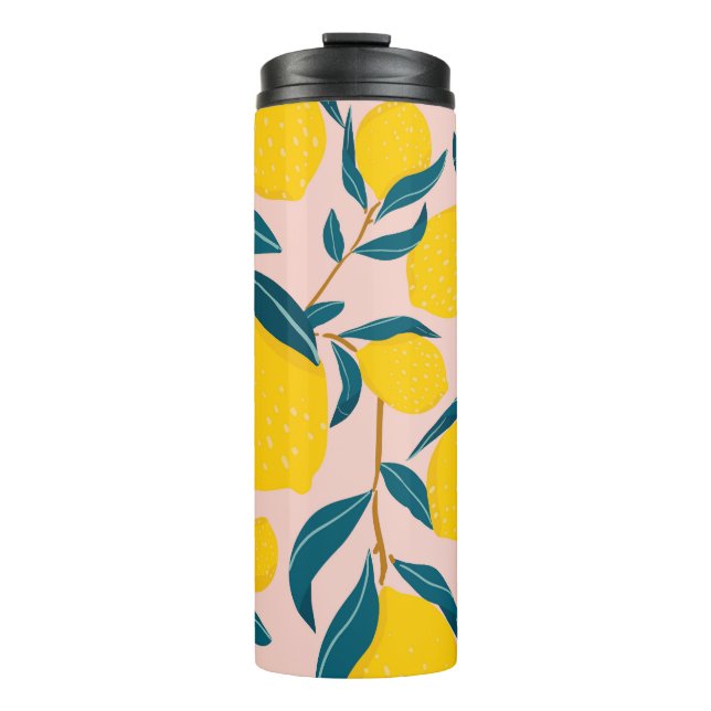 Graphic illustrated lemons: pink seamless pattern thermal tumbler (Front)