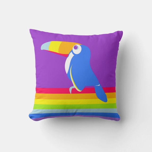 Graphic kids toucan rainbow colourful pillow (Front)