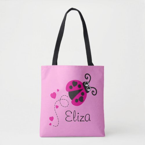 Graphic ladybug hearts girls name tote bag