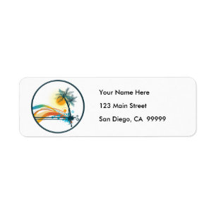 Graphic Logo of Palm Trees, Waves & Sun in Circle Label