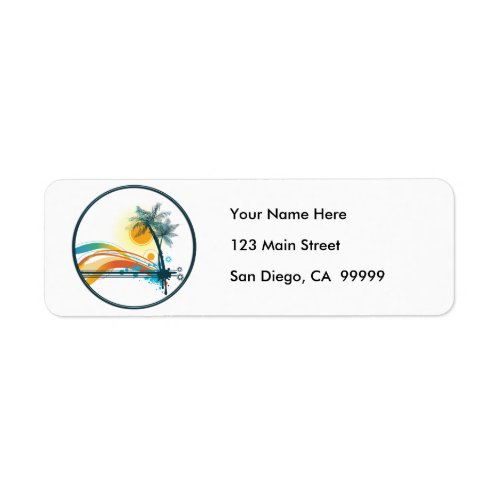 Graphic Logo of Palm Trees, Waves & Sun in Circle Label