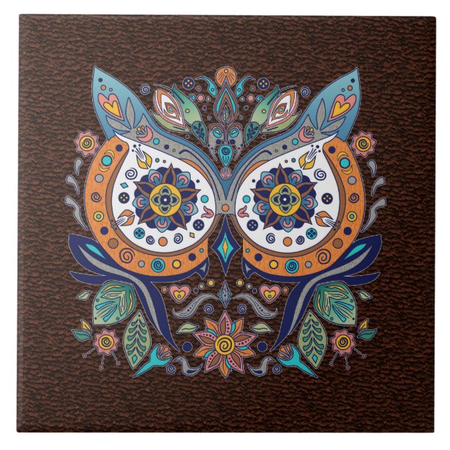 Graphic Mexican Style Owl Face Leaves Floral Ceramic Tile (Front)