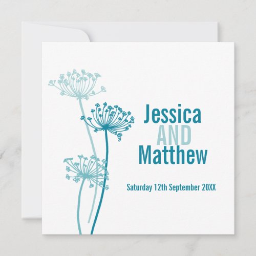 Graphic modern flower square teal wedding invite