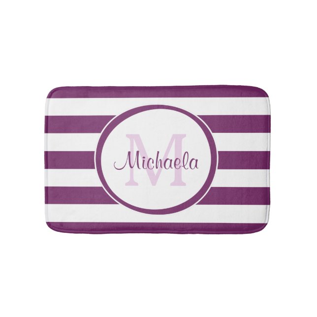 Graphic Monogram With Fat Purple Stripes and Name Bathroom Mat (Front)