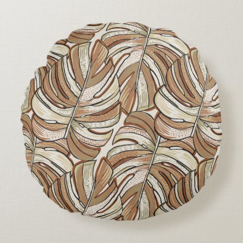 Graphic Monstera Leaves Tropical Design Round Pillow