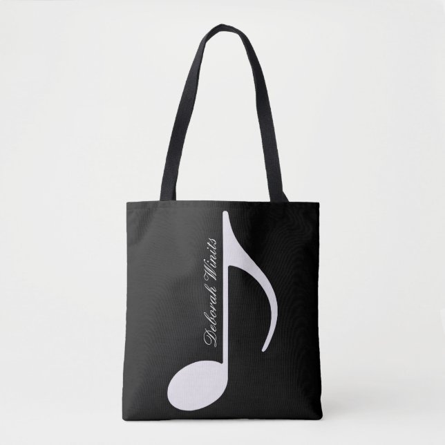 graphic musical note on black tote bag with name (Front)