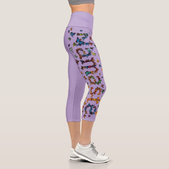 Graphic Namaste Butterfly Art Lavender Purple Yoga Capri Leggings (Right)