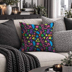 Graphic Neon Abstract Shapes Black Accent Pillow