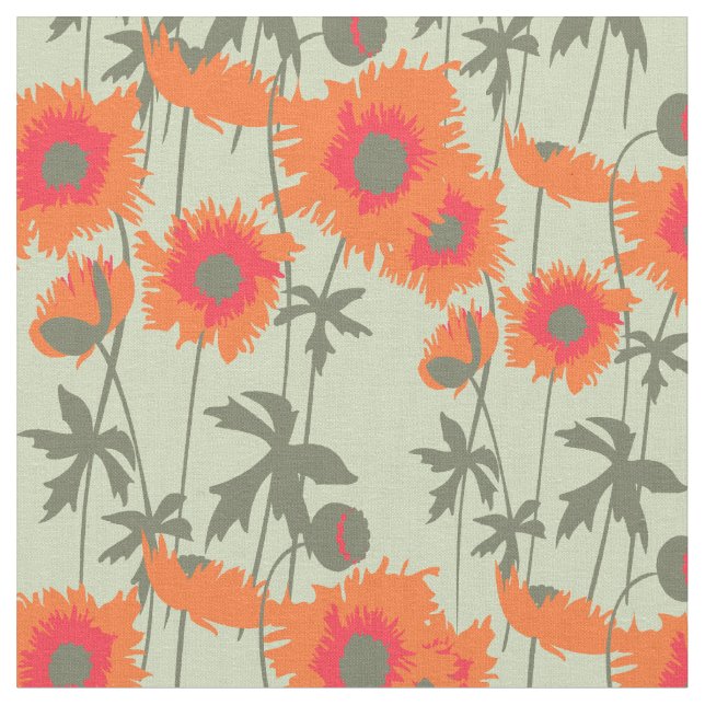 Graphic orange ragged poppy art floral pattern fabric (Close Up)