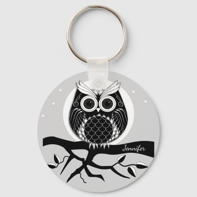 Graphic owl with elegant patterns and Name Keychain (Front)