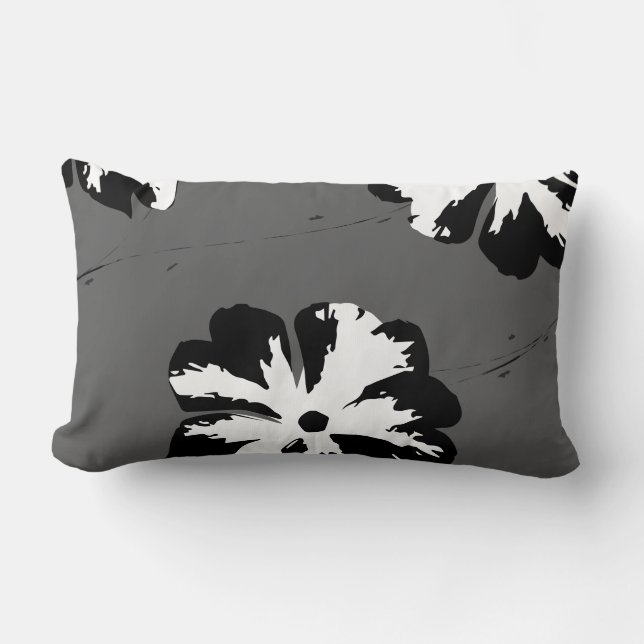 Graphic Pansy Gray, Black & White Lumbar Pillow (Front)
