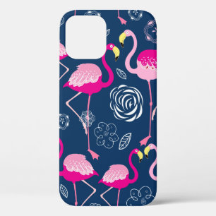 Graphic pattern of pink flamingos on a dark blue b iPhone 12 case