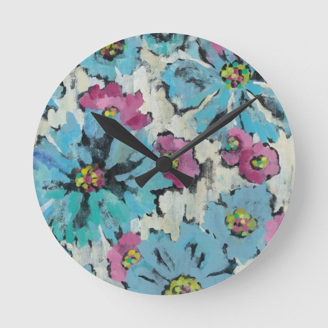 Graphic Pink and Blue Floral Round Clock (Front)