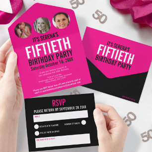 Graphic pink black photo circles 50th Birthday All In One Invitation